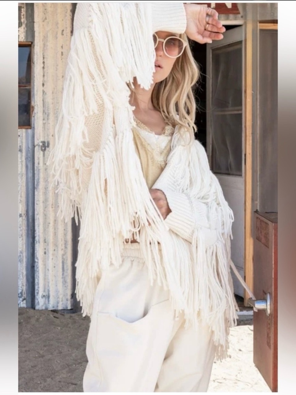 NWT: POL Tassel Fringe Detail Open Front Boho Cream Cardigan Sweater• Small - Picture 2 of 8